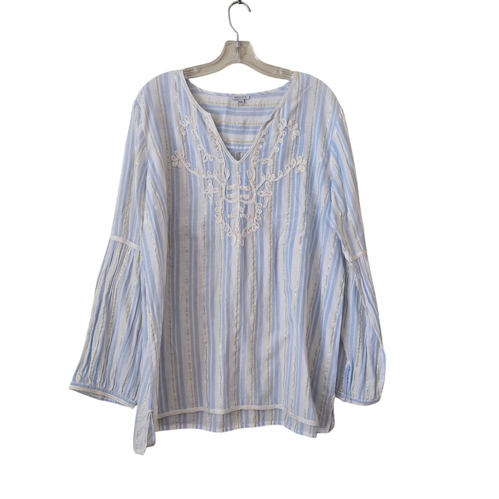 Novica XXL Blue White Striped Gold Lurex‎ Embroidered V-Neck Bell Sleeve Tunic